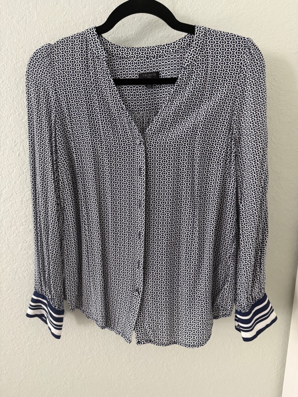 Talbots Navy and White Geometric Button-Front Blouse